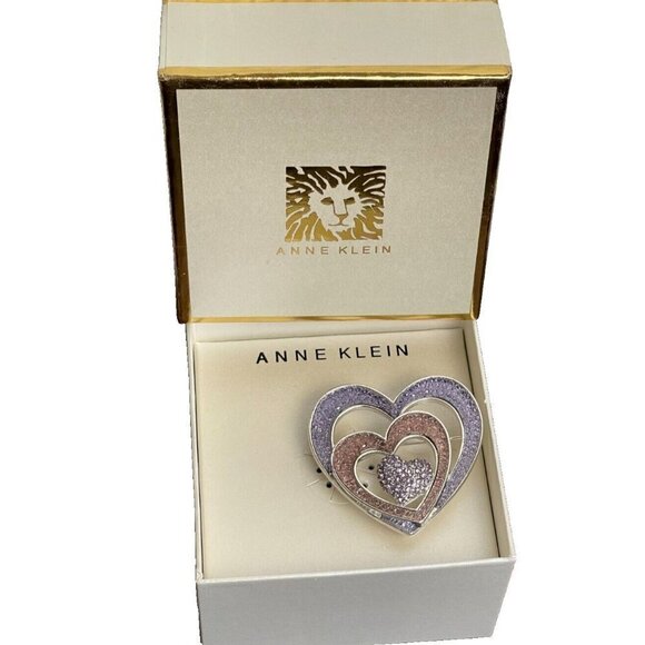 Anne Klein Pave Lilac & Dusty Orchid Purple Double Heart Silver-Tone Brooch Pin - Picture 2 of 3